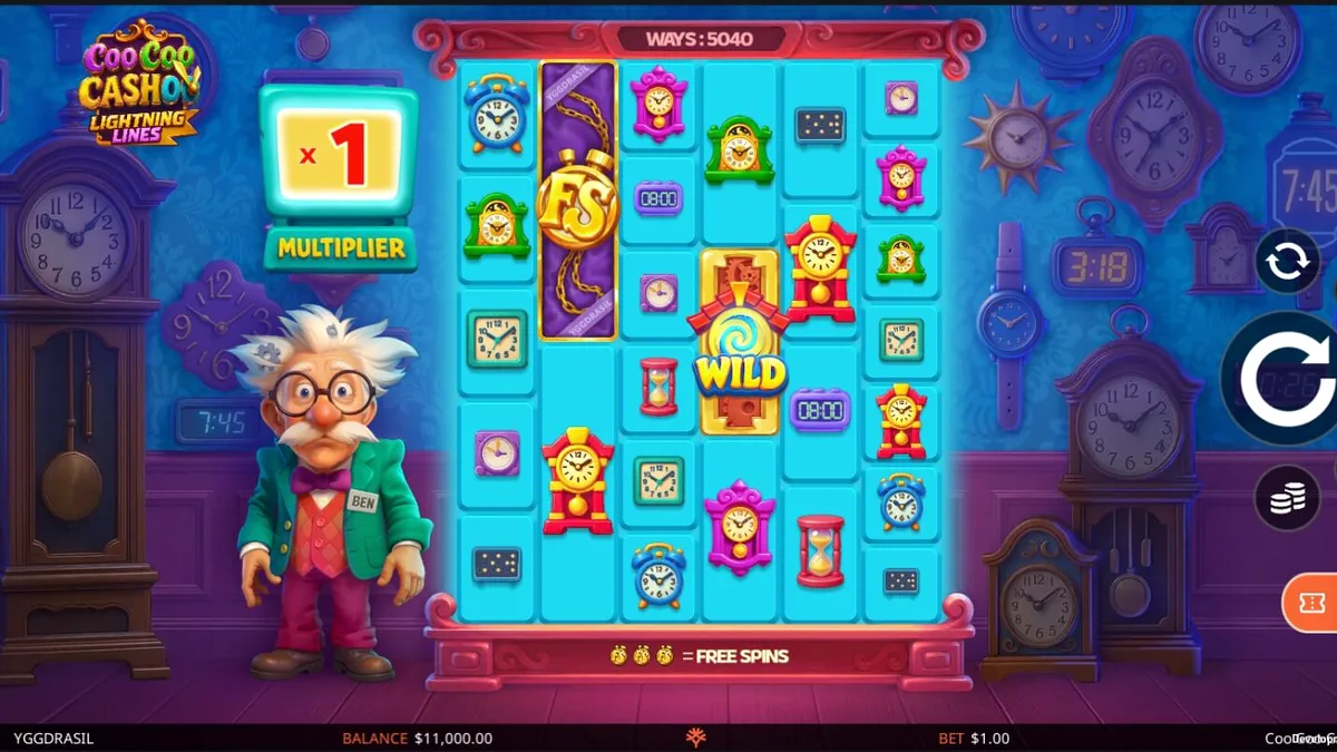 Tampilan visual slot Coo Coo Cashoo dengan latar belakang bengkel jam yang eksentrik.